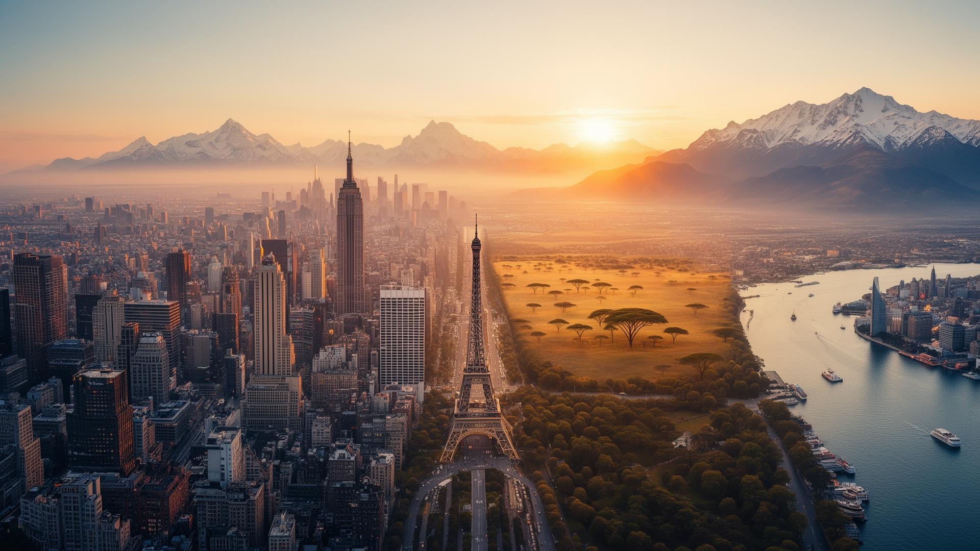 World skylines, savanna and mountains blending into one horizon at golden hour